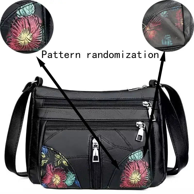 Women's Floral Embroidery Shoulder Bag Multi-zipper Casual Crossbody Bag Lightweight for Daily Shopping Dating Outing