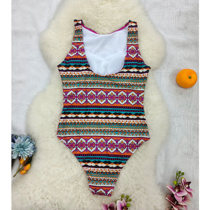 2026 New Printed One-piece Swimsuit Classic Printed Lace Up Swimsuit Women's Push Up Flower One-piece Suit Beach Wear For Female