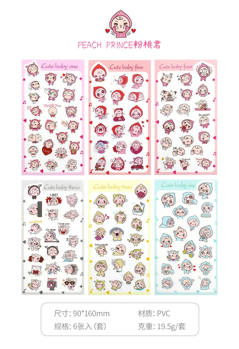 6Pcs/Lot Waterproof Cartoon Transparent Pvc Stickers DIY Hand Account Diary Decorative Stickers Kawaii Phone Cup Stickers