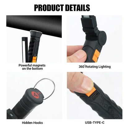 Portable COB LED Flashlight USB Rechargeable Work Light Magnetic Lanterna Hanging Lamp with Built-in Battery Camping Torch