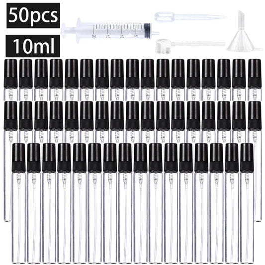 50pcs 4 Accessories 10ML Refillable Glass Spray Bottle with 50 Spray Bottles, 1 Dropper, 1 Funnel, 1 Dispenser Divan, 1 Syringe