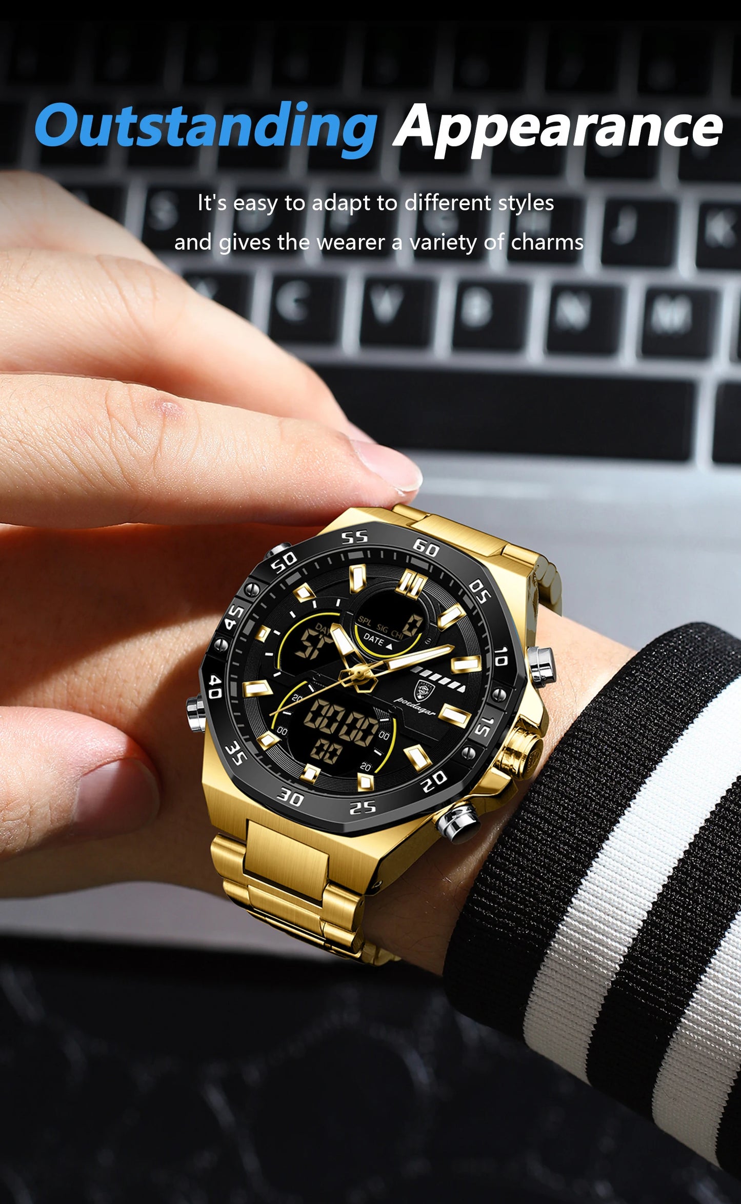 POEDAGAR Top Men Clock LED Luminous Waterproof Week Date Military Man Wristwatch Electronic Stainless Steel Quartz Men's Watches