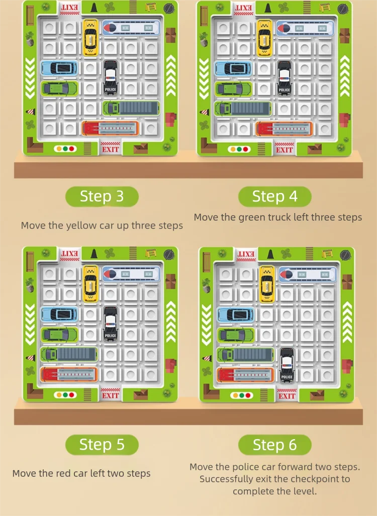 Children's educational puzzle game for logical thinking and concentration, parking lot with moving vehicles and maze toys