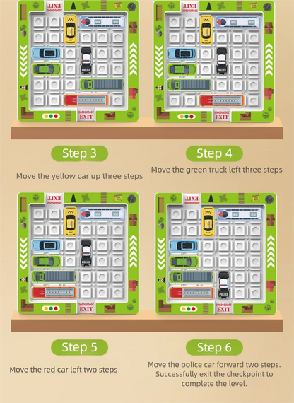 Children's educational puzzle game for logical thinking and concentration, parking lot with moving vehicles and maze toys