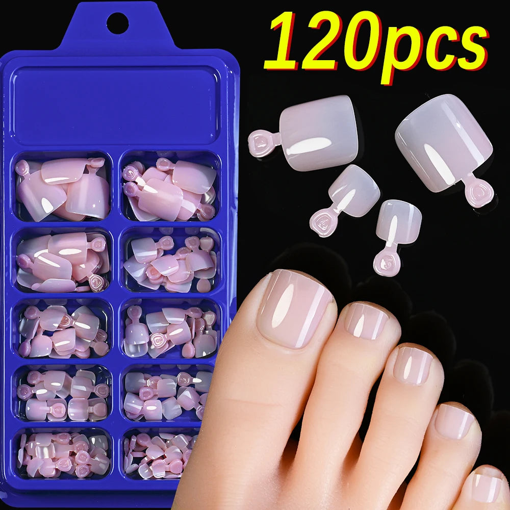 120Pcs 9-Colors French Fake Toenails Summer Short Sqaure Press On Toe Nails Tips Glossy Nude/Pink/Brown Full Cover False Toenail