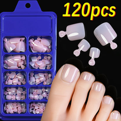 120Pcs 9-Colors French Fake Toenails Summer Short Sqaure Press On Toe Nails Tips Glossy Nude/Pink/Brown Full Cover False Toenail