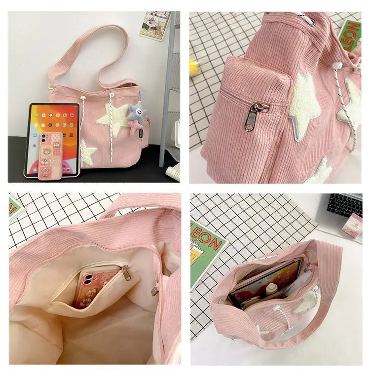 Niche Design Handbag Star Female Student Large Capacity Commuting Tote Corduroy Shoulder Crossbody Bag 2023 New