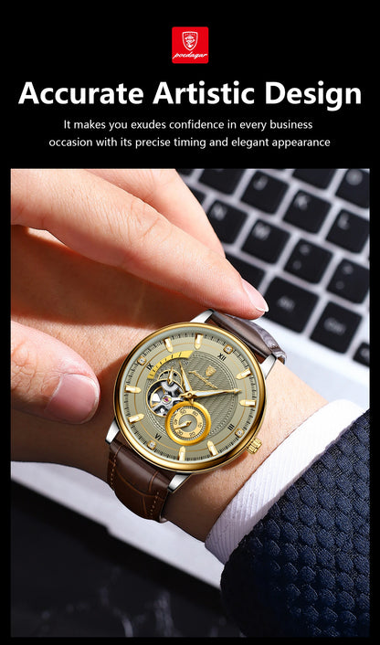 POEDAGAR Fashion Business Men Watch Waterproof Luminous Hollow Tourbillon Male Clock Automatic Mechanical Leather Men's Watches