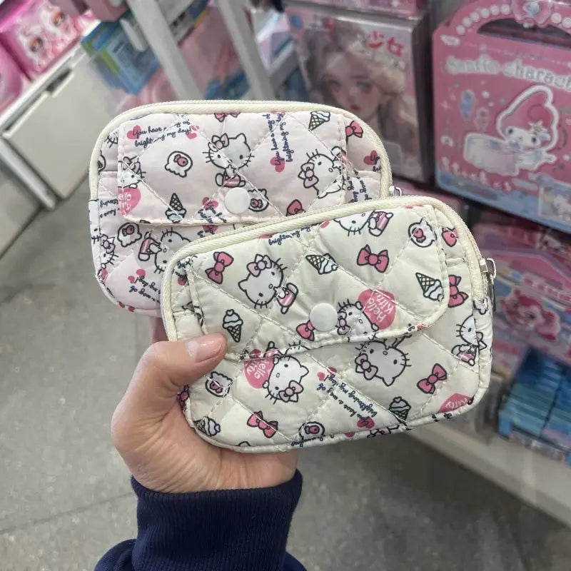 New Cute Sanrio Soft Cotton Embroidered Bow Zipper Women's Makeup Bag Cat Card Bag, Earphone Bag, Key Bag, CCD Storage Bag