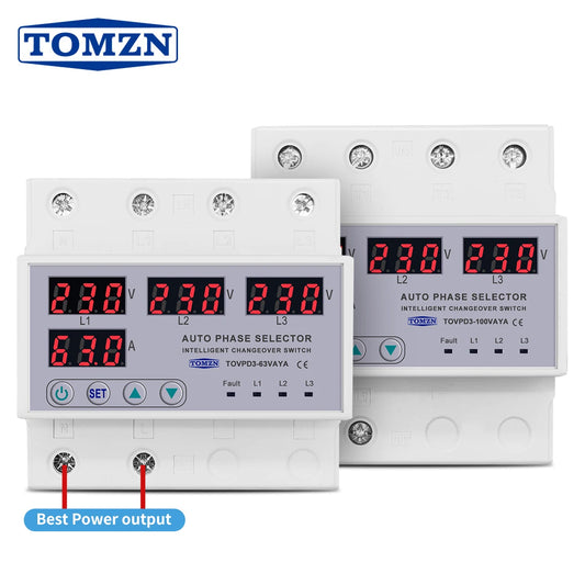 TOMZN 100A 63A 3 phase 3P+N DIN Rail Phase Selector Adjustable Over And Under Voltage Current Protection Monitor Relay Protector