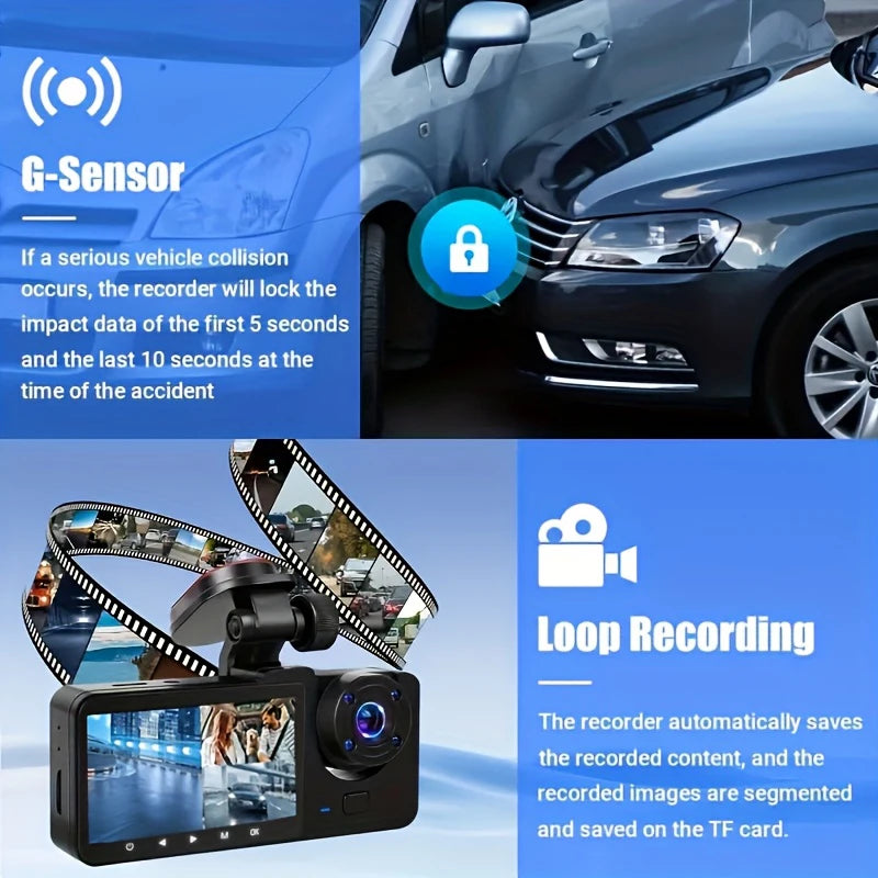 3 Channel Car Camera，Triple Lens WiFi Dashcam, 1080P HD Video Recorder, Night Vision, Car DVR with Wide Angle for Front and Rea