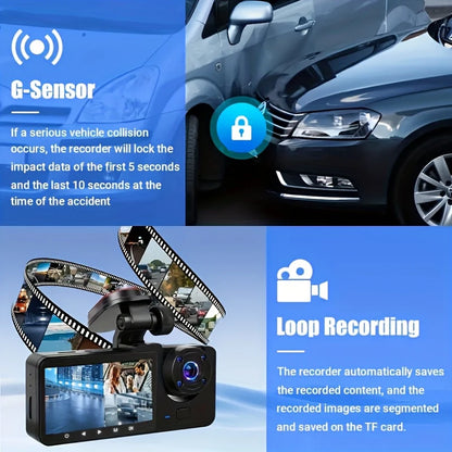 3 Channel Car Camera，Triple Lens WiFi Dashcam, 1080P HD Video Recorder, Night Vision, Car DVR with Wide Angle for Front and Rea