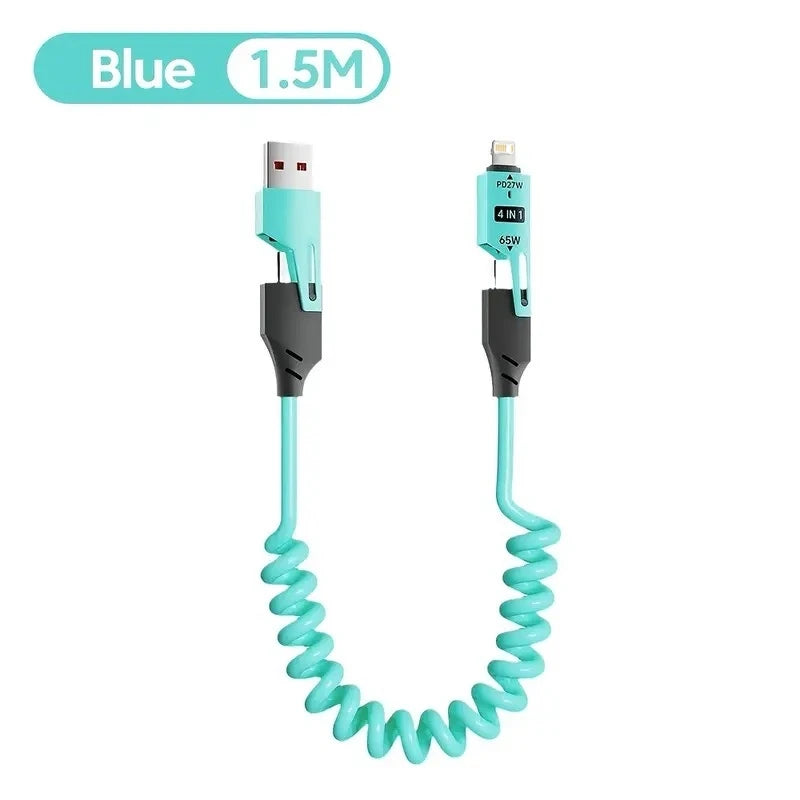 4 in 1 65W Spring Short Data Cable 6A USB Type C Spring Telescopic Quick Charger Wire Spring USB Cable for iPhone 15 14 13 12