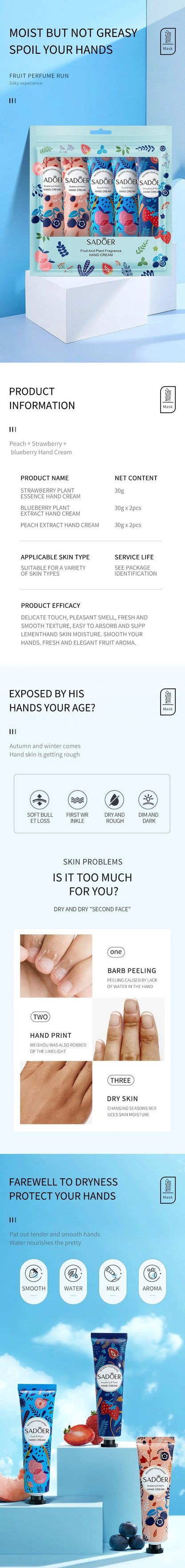 5Pcs/Pack Fruit Plant Fragrance Hand Cream Sets Moisturizing Lasting Repair Anti Dry Hand Lotion Sets Hands Skin Care Products