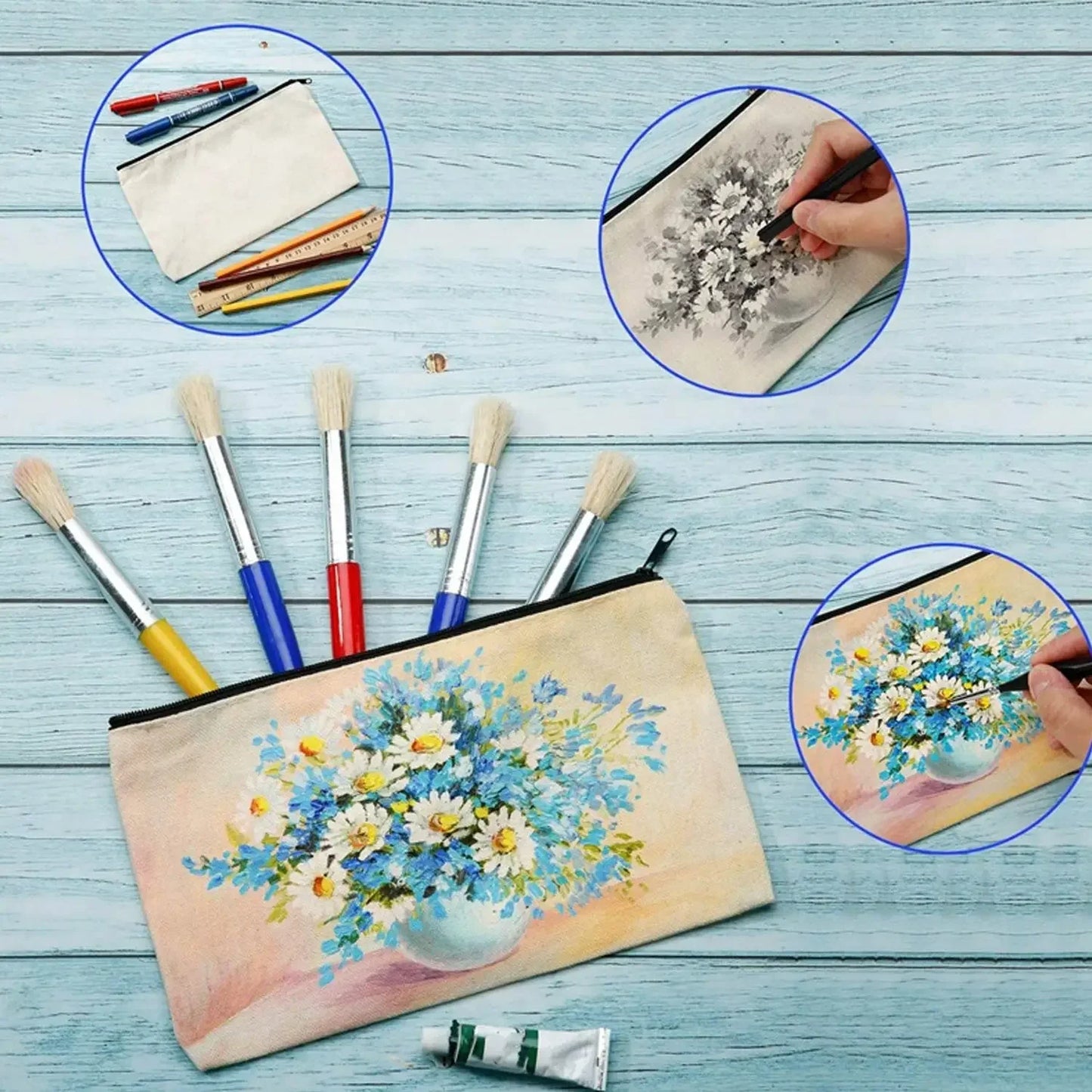 5pcs Blank Canvas Zipper Pouch Bulk, Makeup Bag Pencil Case For Cosmetic & DIY Crafts, Independence Day