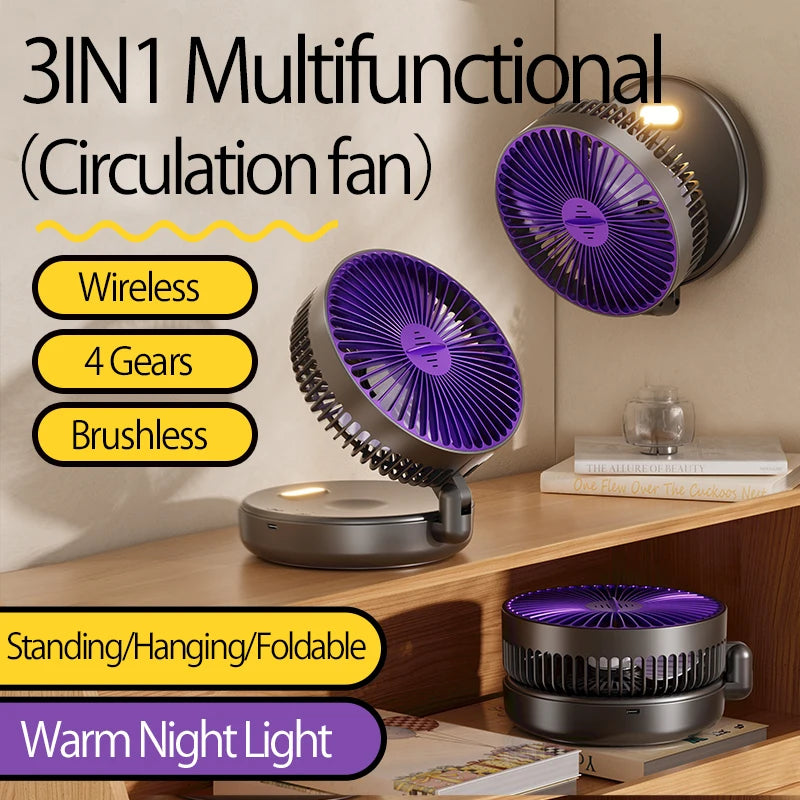 2024 New Rechargeable 3IN1 Multifunctional Portable Fan Wall Mounted Fan 90° Folding Fan 4 Gears With Warm Night Light