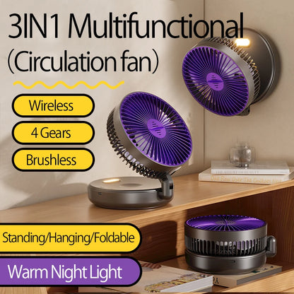 2024 New Rechargeable 3IN1 Multifunctional Portable Fan Wall Mounted Fan 90° Folding Fan 4 Gears With Warm Night Light