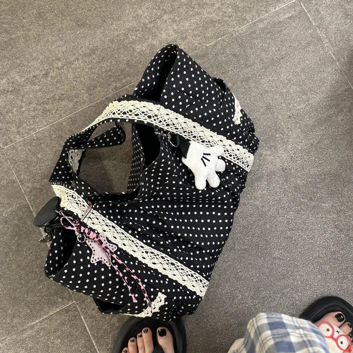Korean Vintage Canvas Shoulder Bag Women Cute Lace Large Capacity Tote Bag Multi Pocket Handbag Fashion Round Dot Underarm Bag