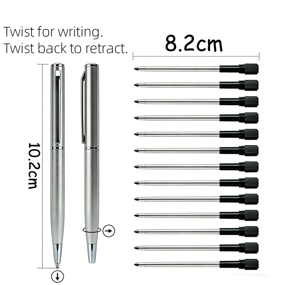 Mini Stainless Steel Metal Ballpoint Pen with 10 Replacement Refills Set, Portable Pocket Ballpen Compact Short Pen for Wallet