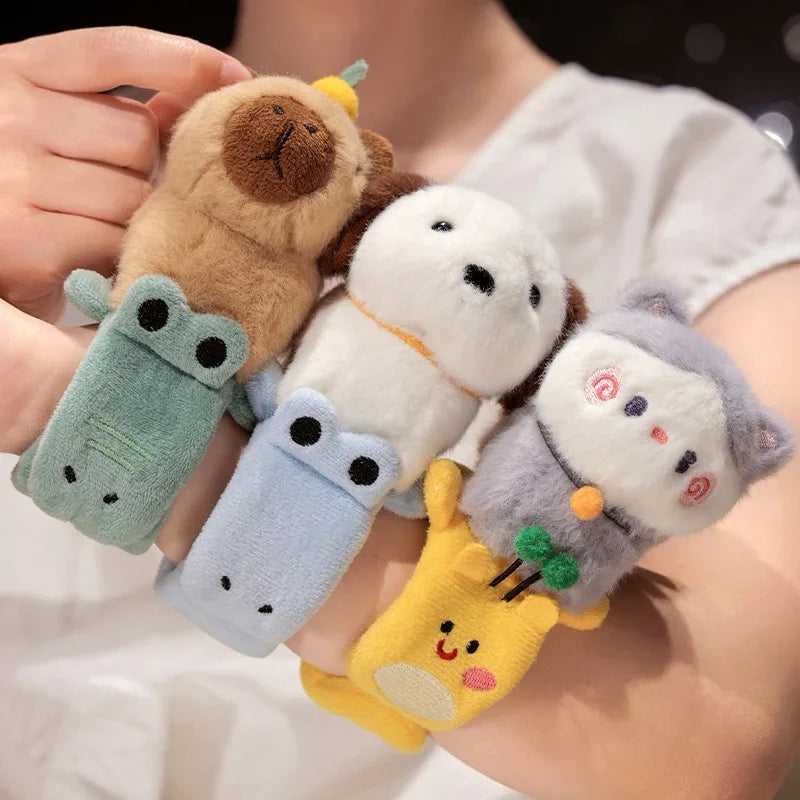 Capybara Slap Snap Wrap Capibara Plushie Wristband Bracelet Kawaii Cute Dog Cat Plush Toy Hand Ring Creative Funny Gift