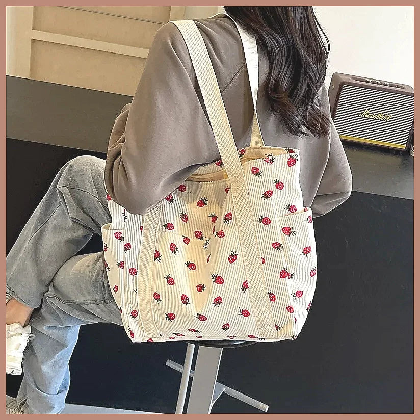 Fashion Corduroy Shoulder Bag for Women, Cute Printed Handbag, Casual Commuter & Shopping Purse, Trendy Underarm Bag