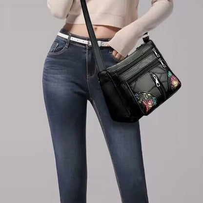 Women's Floral Embroidery Shoulder Bag Multi-zipper Casual Crossbody Bag Lightweight for Daily Shopping Dating Outing