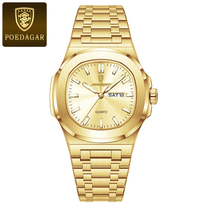 POEDAGAR Square Luxury Men's Wristwatch Luminous Waterproof Stainless Steel Male Clock Week Date Original Quartz Watches For Men