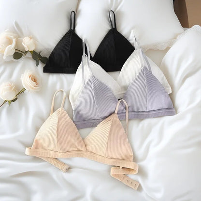 Women Cotton Push-Up Bra Ribbed Triangle Cup Bralette Wire-Free Bras Ladies Sexy Lingerie Simple Low Back Single Hook Underwear