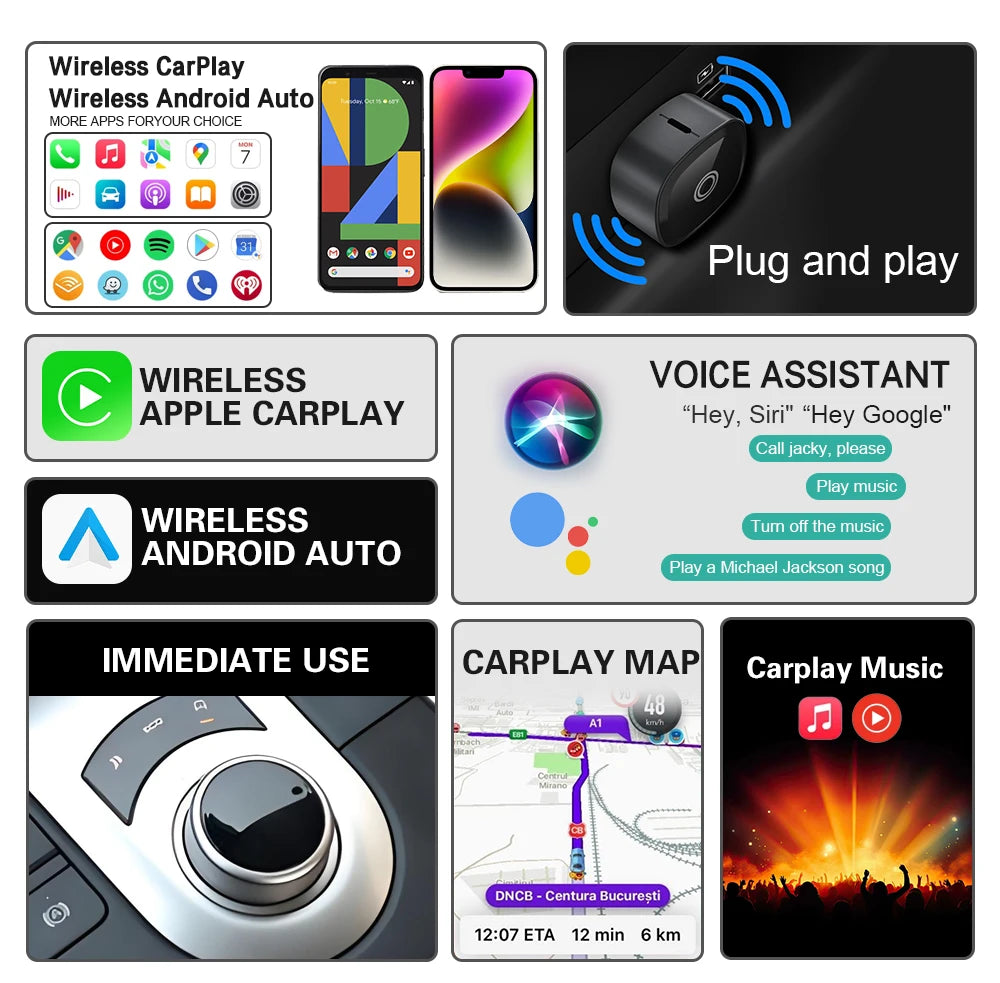 XUDA 2in1 Wireless CarPlay Adapter Android Auto AI Smart Box Car Intelligent Systems For VW Toyota Nissan Honda Ford Benz