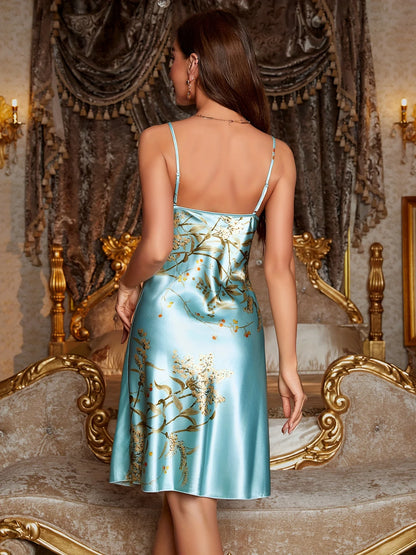 2026 New Smooth and Sexy Style Silk Satin Floral Camisole Nightdress Draped Neck Sheer Slip Dress Wearable Loungewear for Home