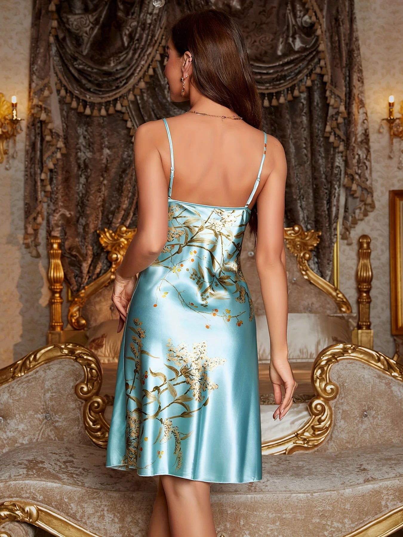 2026 New Smooth and Sexy Style Silk Satin Floral Camisole Nightdress Draped Neck Sheer Slip Dress Wearable Loungewear for Home