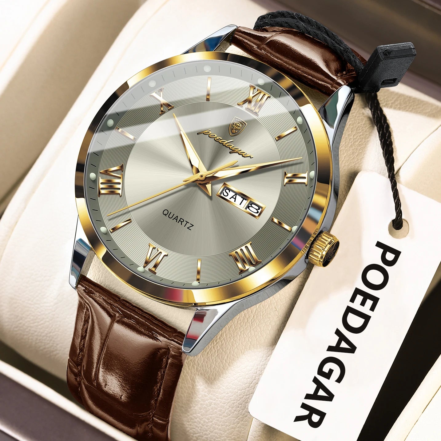 POEDAGAR Business Brand Men Clock Waterproof Luminous Date Week Fashion Man Wristwatch Leather Luxury Men's Quartz Watches Reloj
