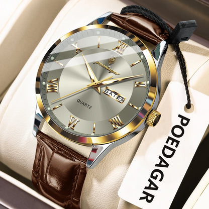 POEDAGAR Business Brand Men Clock Waterproof Luminous Date Week Fashion Man Wristwatch Leather Luxury Men's Quartz Watches Reloj
