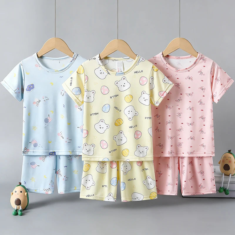 2-Piece Children's Summer Cute cartoon Printed Short-Sleeved Shorts Set for Boys and Girls Casual and Comfortable T-Shirt Shorts