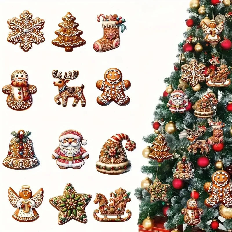 3/12/24/36pcs Handmade Wooden Christmas Ornament Set - Gingerbread and Santa Designs,for Holiday Decorations and Gifts