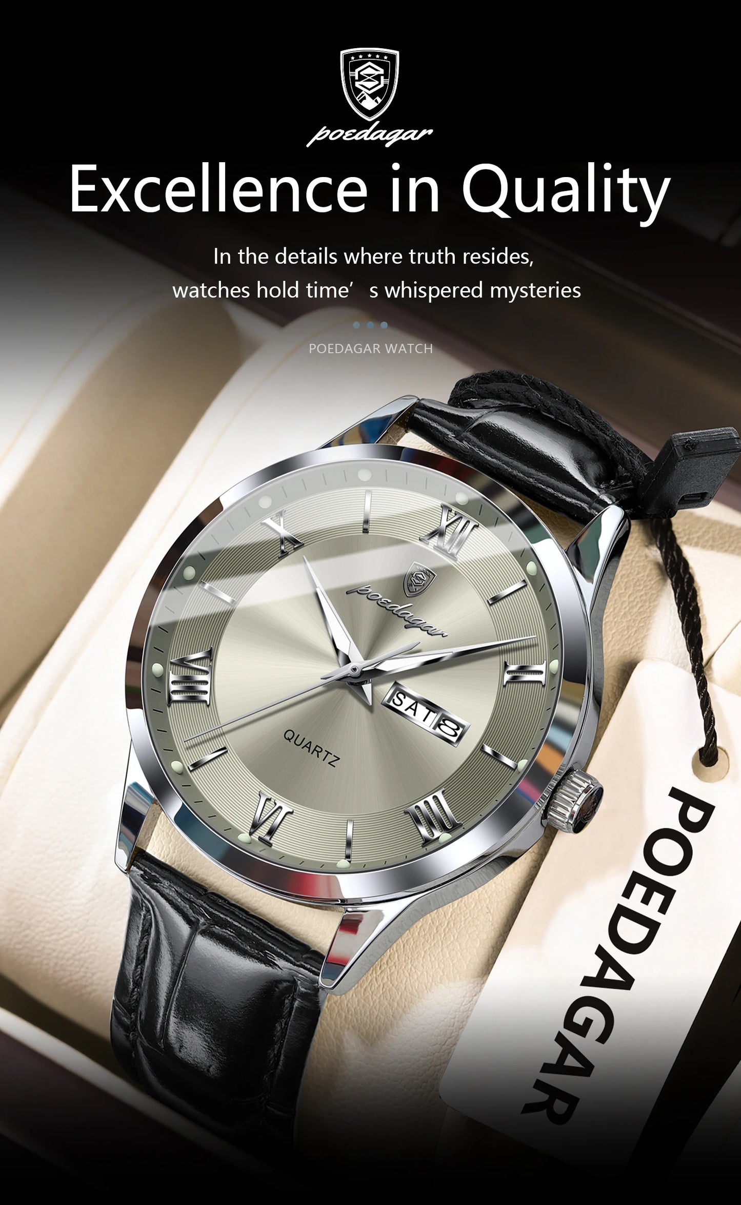 POEDAGAR Business Brand Men Clock Waterproof Luminous Date Week Fashion Man Wristwatch Leather Luxury Men's Quartz Watches Reloj