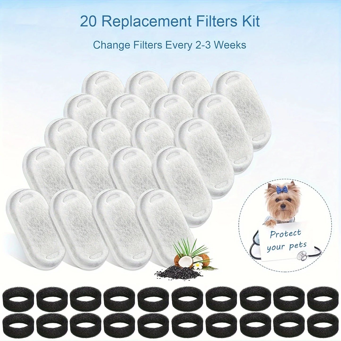 20PCS Cat Water Fountain Activated Carbon Dog Water Bowl Dispenser Replacement Filters with 20 Sponges for Home Pet Hydration