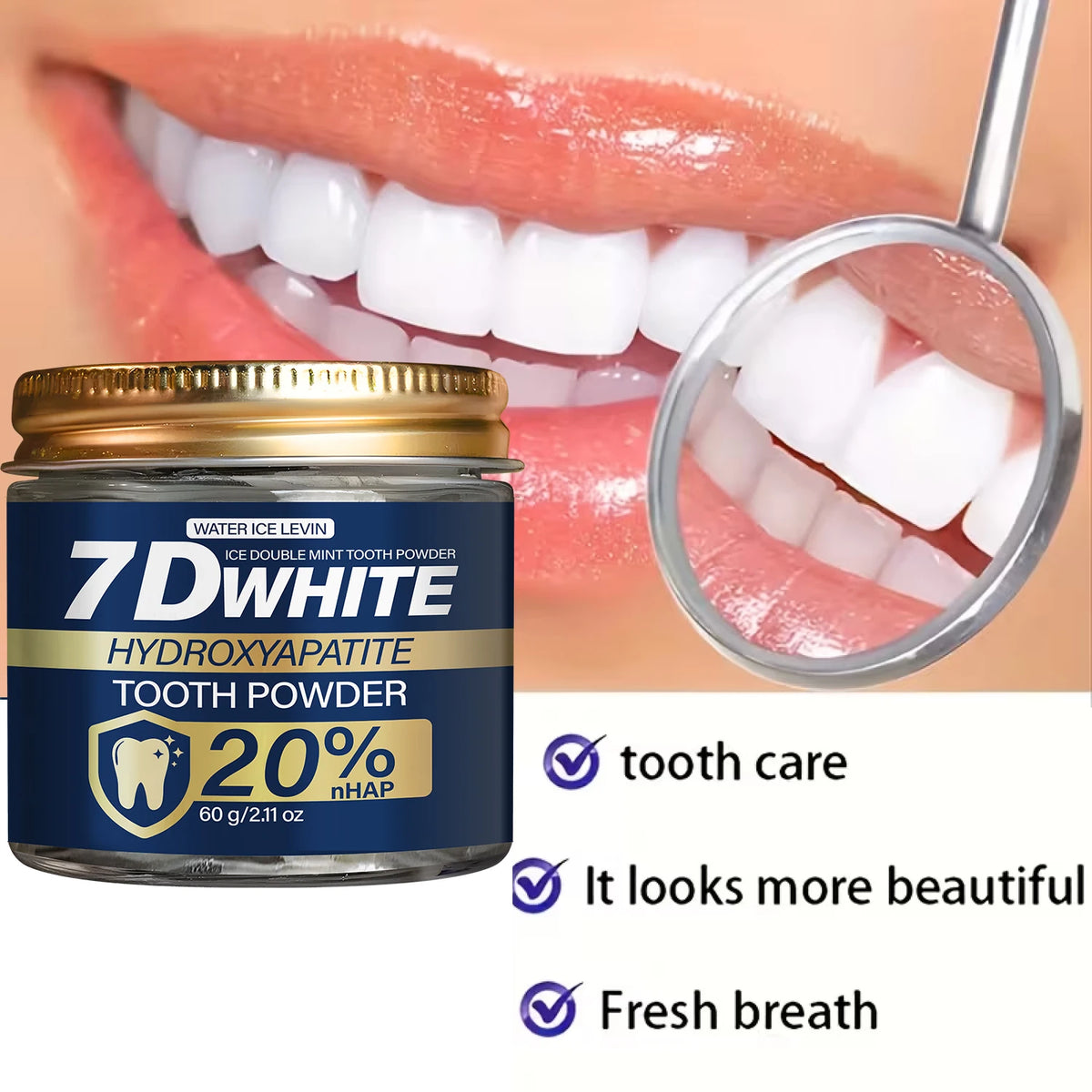 Hydroxyapatite Tooth Powder 60g, 20% NHAP & Charcoal Whitening Toothpaste Powder, Double Mint for Fresh Breath, Oral Care
