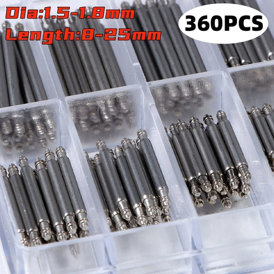 360pcs/set Dia 1.5mm/1.8mm Strainless Steel Spring Bars Length 8mm- 25mm Watchband Strap Metal Link Pin Watch Repair Tools Pin
