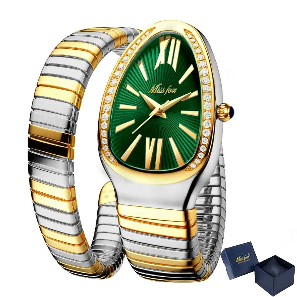 Elegant Snake Shape Women’s Watch - Gold & Silver Scalable Bracelet with Bling Diamonds, Quartz Ladies Wristwatch