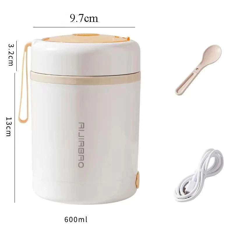 600ML Portable USB Electric Heating Lunch Box Stainless Steel Food Warmer with Drink Function for Picnics Food Heater
