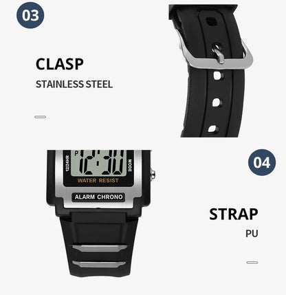 SYNOKE Men Rectangular Sports Electronic Watch Waterproof 50M Night Light Large Screen Alarm Clock Trend Retro Style