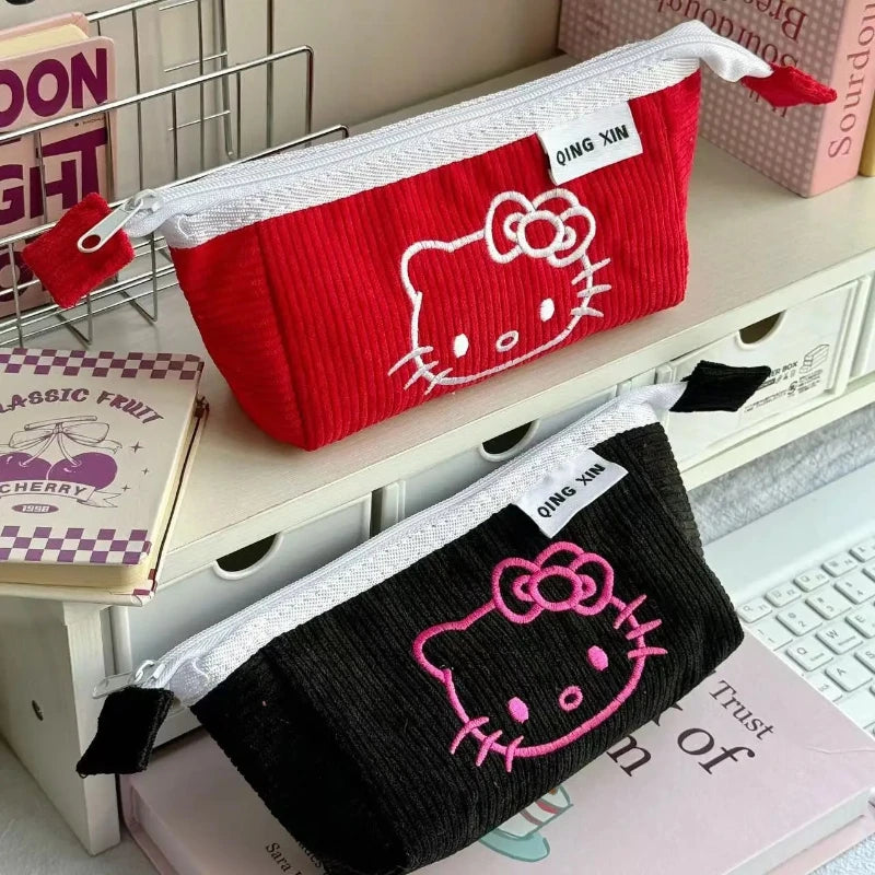 Cute Hello Kitty Corduroy Large Capacity Stationery Storage Bag Portable Handbag Cartoon Pen Bag with High Appearance Value