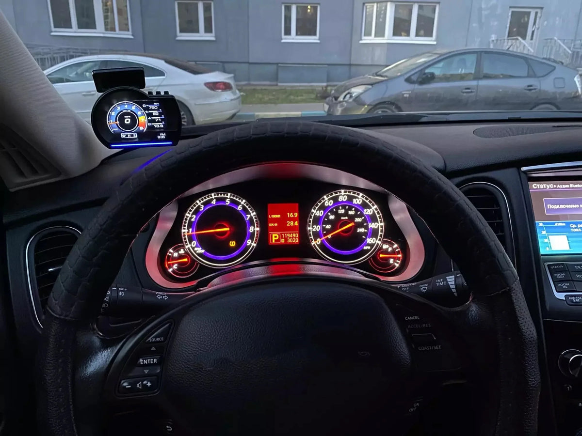 Newest A501 Car Head Up Display OBD2 Smart Car HUD Turbo Gauge Digital Odometer Security Alarm Water&Oil Temp RPM Auto Meter