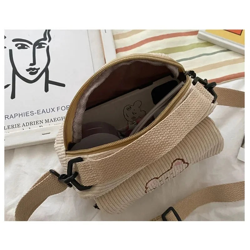 Personalized Teddy Bear Embroidered Diagonal Shoulder Bag, Corduroy Leisure Bag, WOMEN'S Crossbody Bag