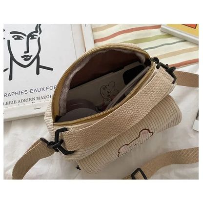 Personalized Teddy Bear Embroidered Diagonal Shoulder Bag, Corduroy Leisure Bag, WOMEN'S Crossbody Bag