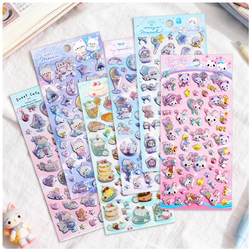 3 pcs/6 pcs Sweet Candy Pets Cat Coffee Cakes Flash Puffy 3D Stickers Scrapbooking Diy Diary Stationery Stickers School Supplies