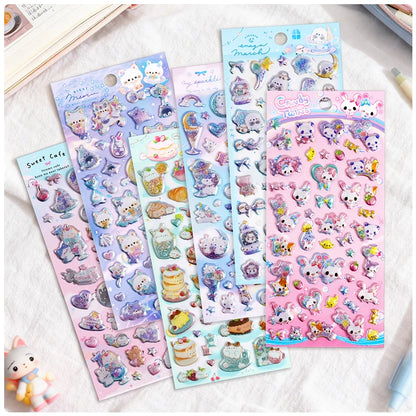 3 pcs/6 pcs Sweet Candy Pets Cat Coffee Cakes Flash Puffy 3D Stickers Scrapbooking Diy Diary Stationery Stickers School Supplies