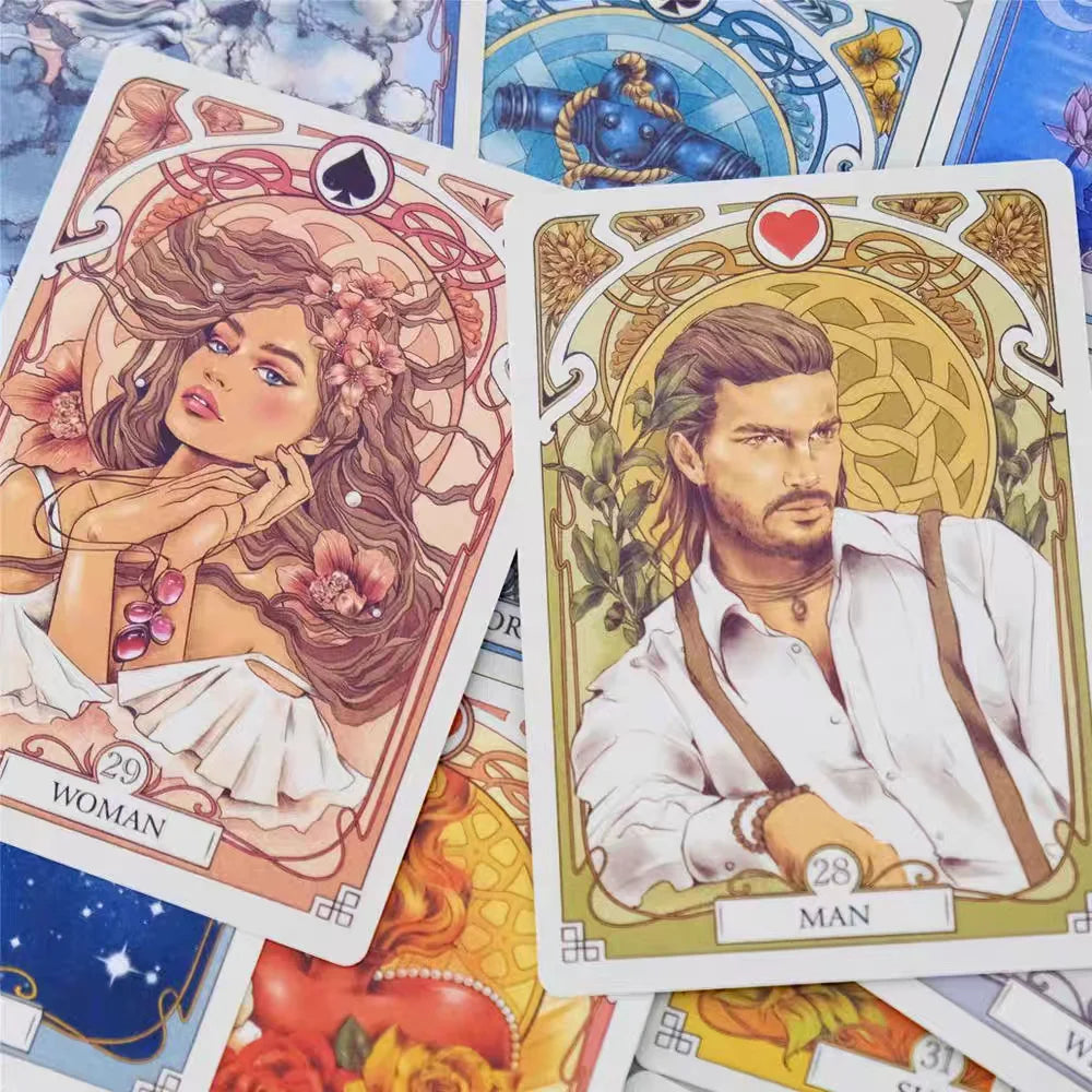 Romantic Lenormand Oracle Cards 10.2*7.2cm English Vision Art Nouveau Floral Motifs 37 Pcs Deck 4*2.8inch For Party, Board Games