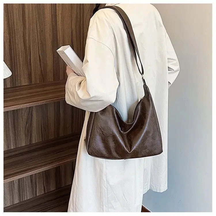 PU Leather Commuter Fashion Vintage Casual Tote Bag Maillard Stylish Crossbody Bags for Women Texture Large Capacity Temperament